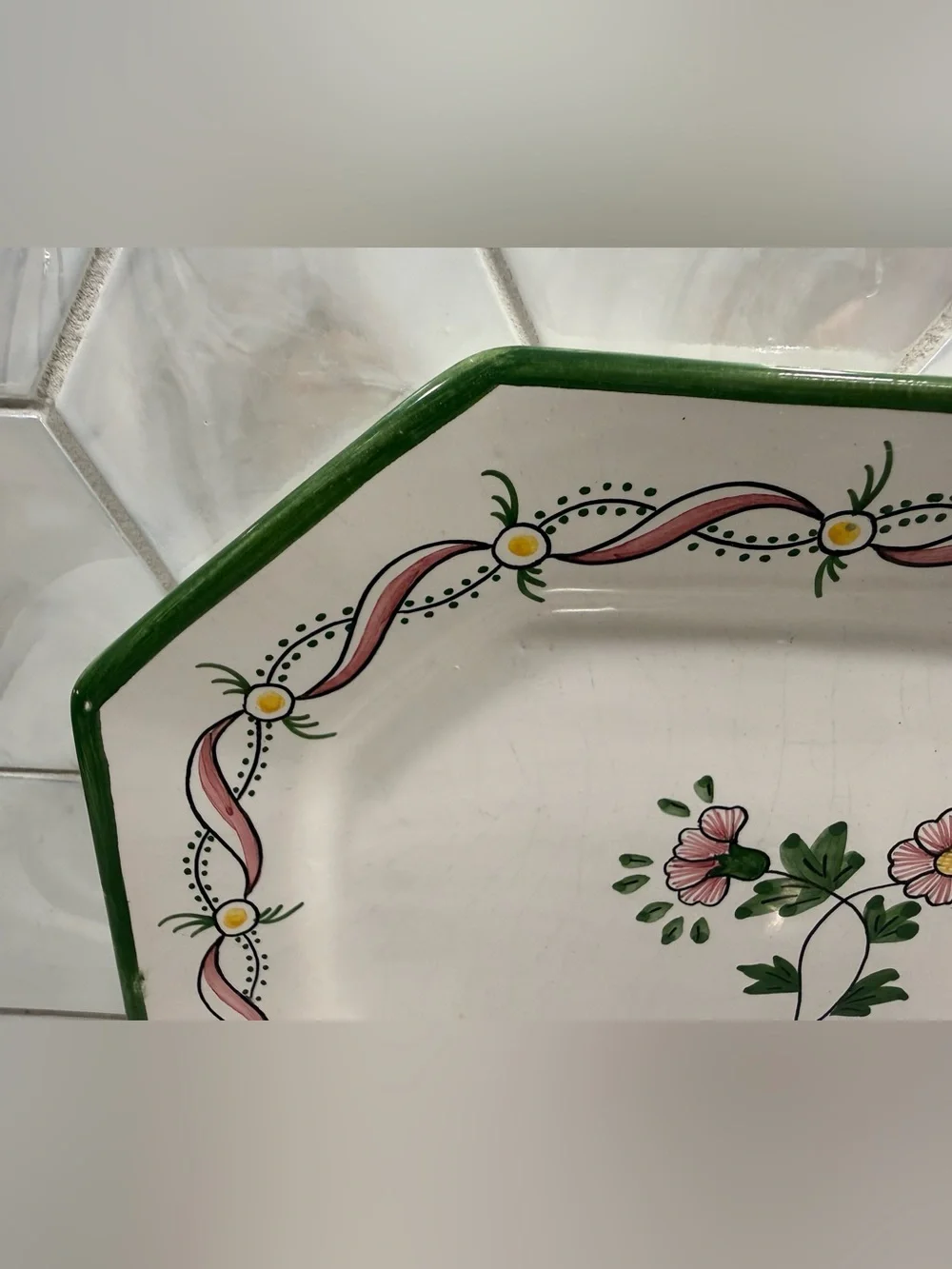 Vintage FFA Marques Malviera Portugal Hand Paint Floral Octagon Serving Platter